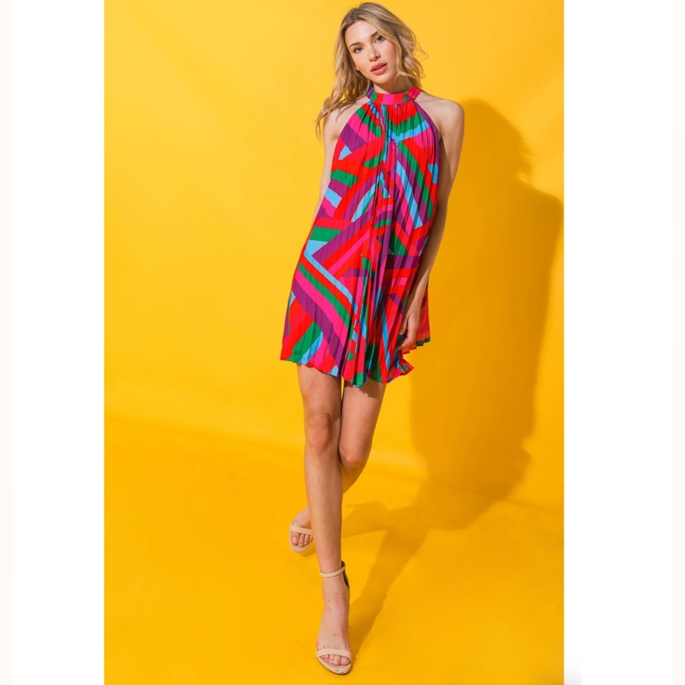 Flying Tomato Pleated Halter Mini Dress